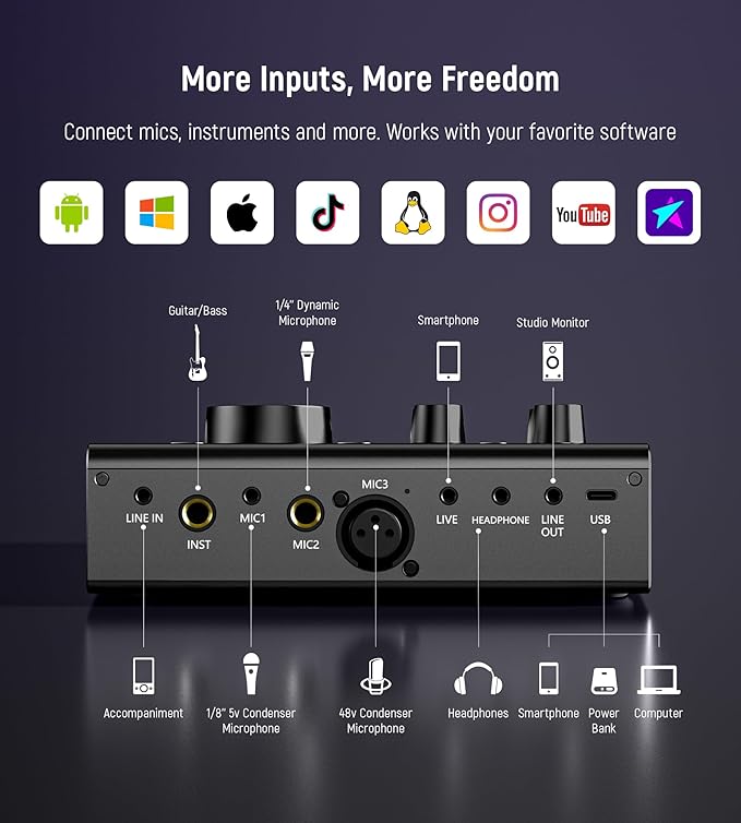 Synido Podcast Equipment, Audio Interface for Podcasting with Pro-preamp, 48V Phantom, DJ Mixer Effects, 9 Customize Sound Pads, XLR Input/6.35/3.5 Line In, for Live Streaming/Music Recording/Gaming