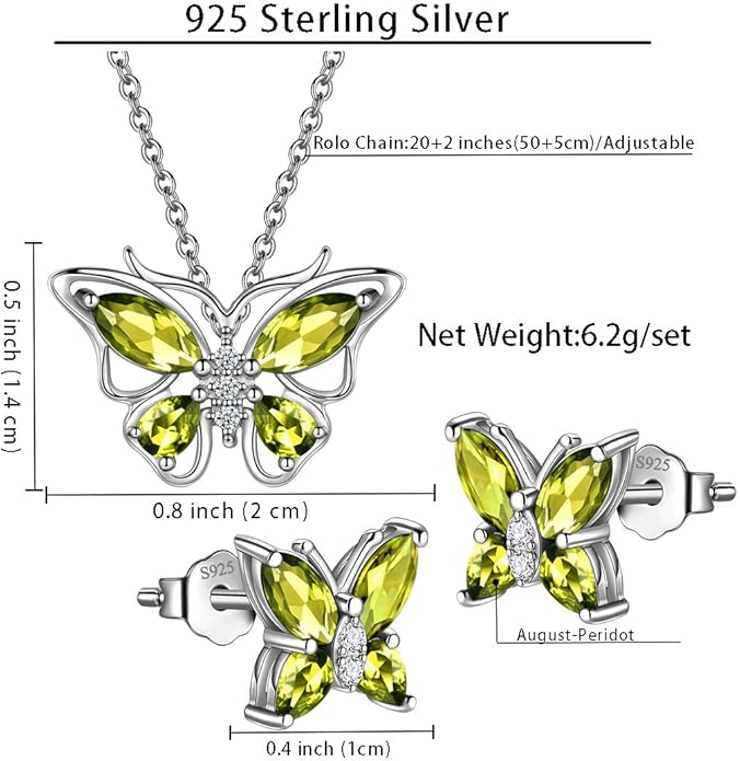 925 Sterling Silver Birthstone Butterfly Jewelry Women Crystal Animal Cute Butterflies Birthday Necklace/Earring/Ring/Bracelet Sets Birth Stone Statement Anniversary Jewellery