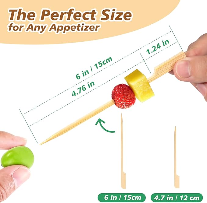 6 inch Bamboo Skewers for Appetizers, Fruit Kabobs, Wooden Food Cocktail Picks, Charcuterie Board Wood Sticks, for Grilling, BBQ Snacks, Caprese, Sandwich Toothpicks, Martini, Flat Handle- 200pcs