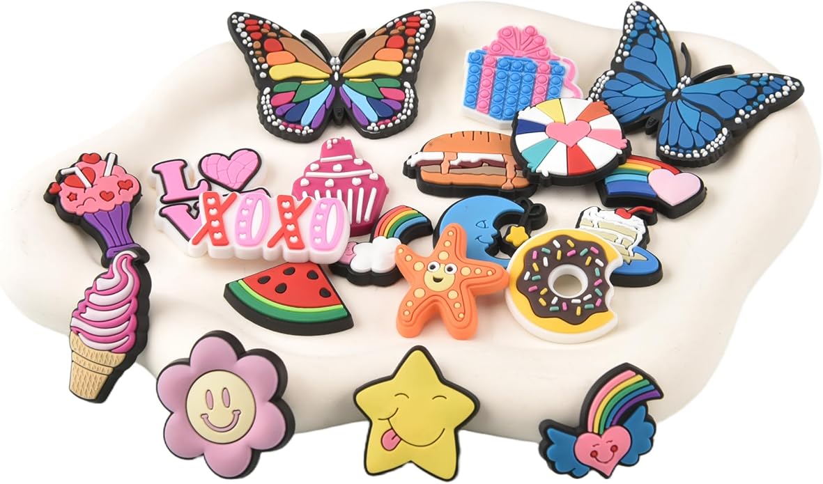 20PCS Cute Shoe Charms for Girls Teens - PVC Flower, Rainbow, Dessert Shoe Clips Decorations for Holely Shoes, Sneakers, Casual Footwear