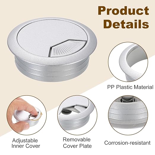 uxcell 5 Pcs 50mm (1.97 Inch) Desk Grommet, Plastic Cable Hole Cover, Wire Cord Cable Organizer for Home Office Computer Desk Cabinet, Silver