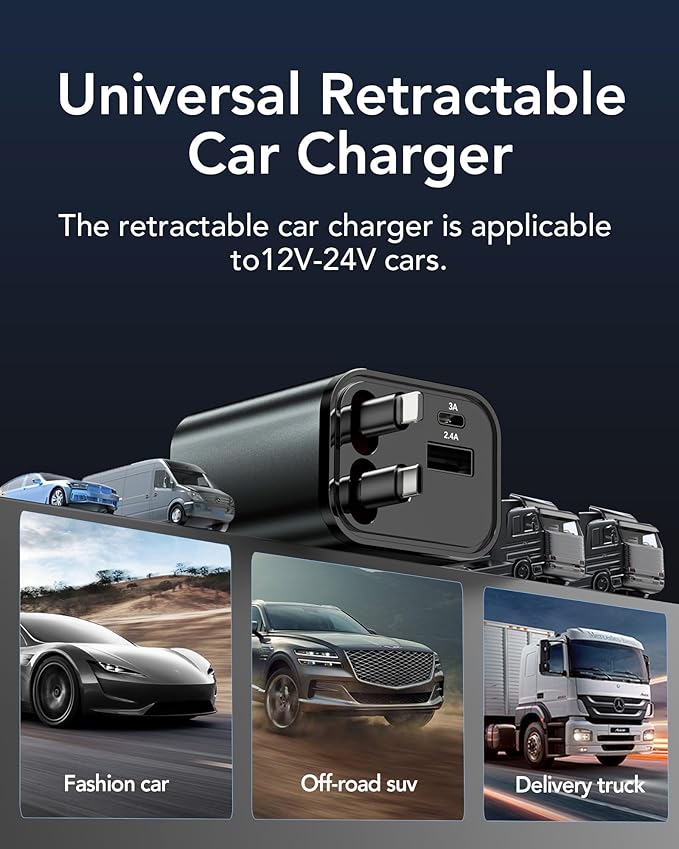 Upgraded Retractable Car Charger Adapter,4 in 1 Fast Charging Car Phone Charger,69W USB C Car Truck Accessories,Road Trip Essentials Gift for Men Women for iPhone 16/15/14/13/12/11,Galaxy,Pixel