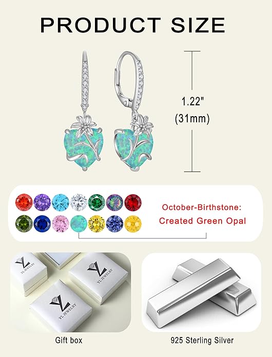 YL Heart Dangle Earrings for Women Sterling Silver Lily Flower Leverback Earrings Created Opal Flower Jewelry