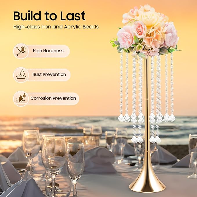 Wedding Centerpieces Gold Vases,10PCS Metal Flower Candle Holder with Sparkling Crystal Beads,Crystal Flower Vase Metal Flowers Stand for Party Tables Decorations (Gold 10PCS Height 21.9in)