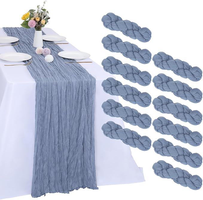 12 Pack Dusty Blue Cheesecloth Table Runner 10FT Boho Gauze Fabric Table Runner 35 x 120 Inch Rustic Sheer Runner for Centerpiece Wedding Decor Party Boho Table Decoration（Dusty Blue）