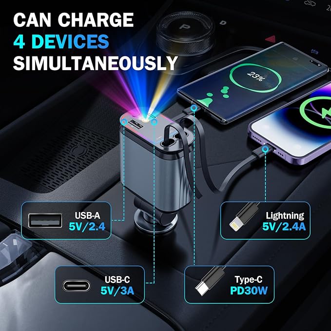 Car Charger with Starlight, 66W USB C Fast Car Chargers Adapter, 4 in 1 Retractable Car Charger with 2 USB Ports Car Phone Chargers for iPhone 16/15/14/13/12/11 and for Android (Dark Grey)