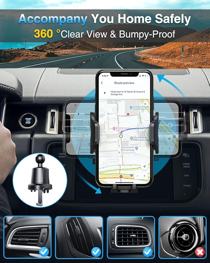 VANMASS Car Phone Holder Mount 2024 Upgraded [Patent Steel-Hook] Car Vent Phone Mount Clip Military-Grade Shockproof Cell Phone Car Mount Handsfree Truck Stand Vent Cradle for iPhone 15 Android,Grey