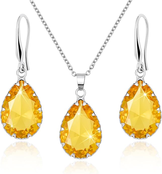 Linawe Crystal Jewelry Sets for Women, Imitation Diamond Pendant Necklace, Rhinestone Drop Dangle Earrings, Birthstone Cubic Zirconia Matching Wedding Jewelry, 14K Gold/Rose Gold/Silver Tones