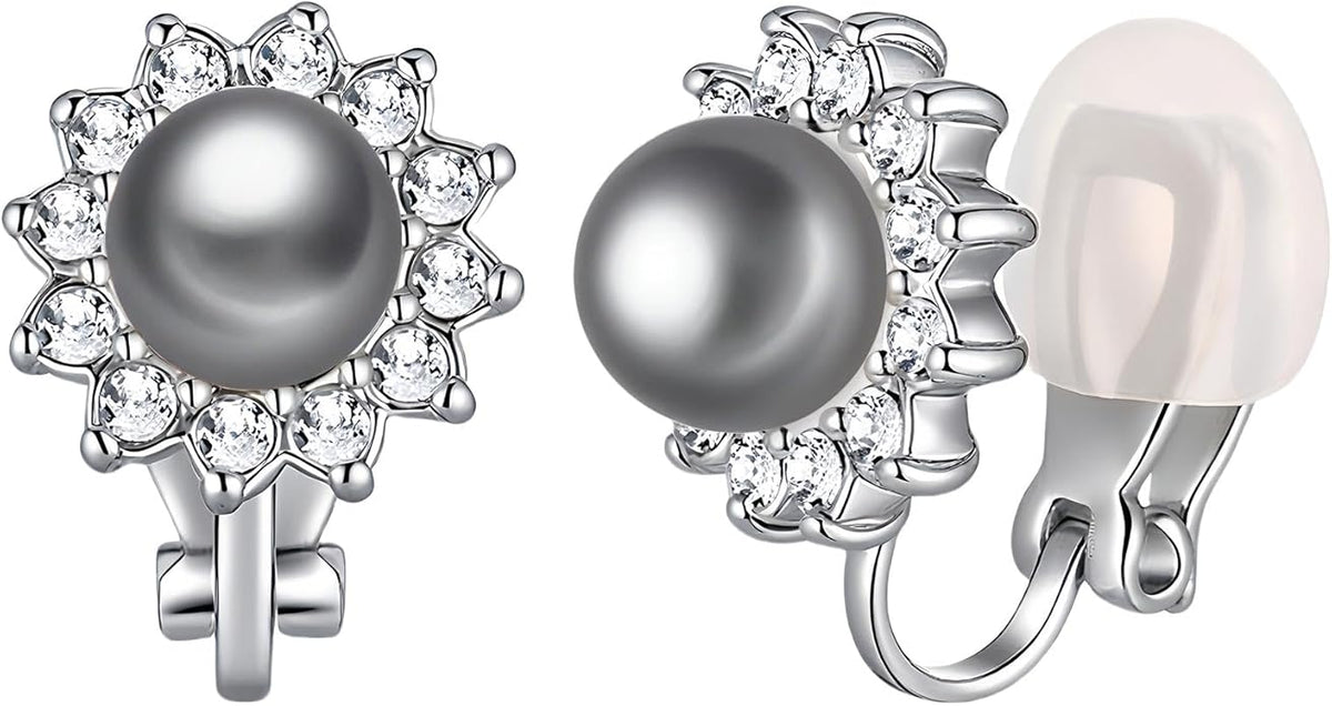 EVEVIC Austrian Crystal Pearl Clip On Earrings for Women Non Pierced Earings 14K Gold Plated Hypoallergenic Jewelry