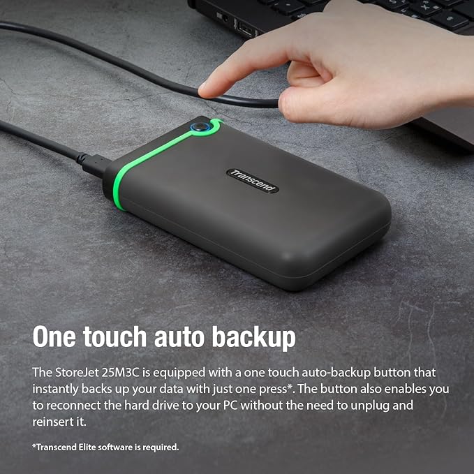 Transcend 2TB SJ25M3C, USB 3.1 Portable Hard Drive Rugged, Anti-Shock Resistant, Compact and Lightweight with Lightning-Fast Speeds, One Touch Backup Button, Type C, Iron Grey - TS2TSJ25M3C