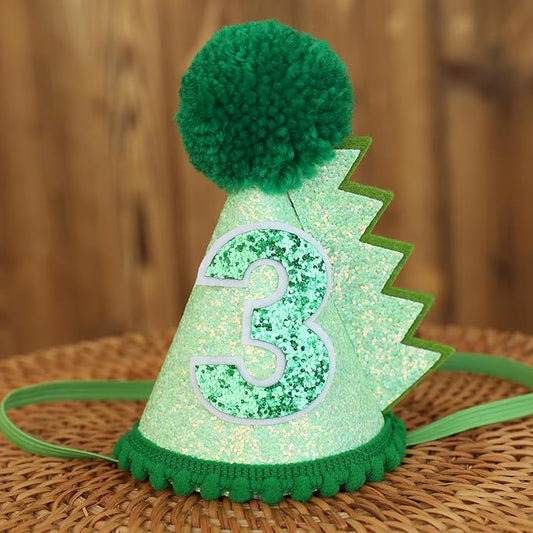 Green Glitter Dinosaur Birthday Cone Hat for 1-5 Years Old Kids Boys Dino Dinousour Birthday Hat Party Decoration