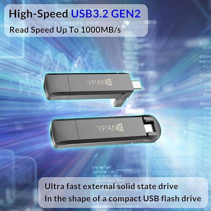 YPANX 256GB Pro Portable SSD, 1000MB/s Speed, USB 3.2 Gen 2 + Type C Dual-Port, Lightweight External SSD for iPhone 15/16/Pro, Android, Windows, Mac, Tablets
