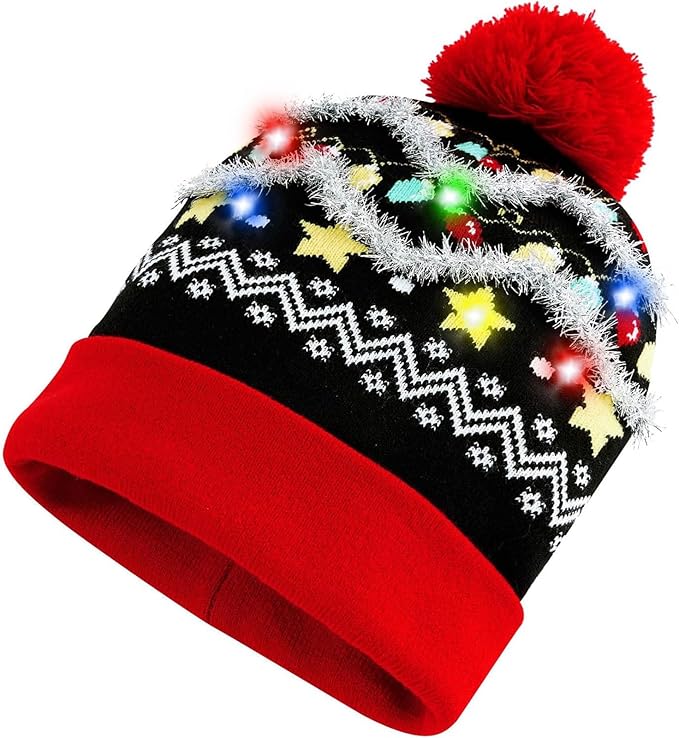 RAISEVERN Unisex Ugly LED Christmas Hat Novelty Colorful Light-up Stylish Knitted Sweater Xmas Party Beanie Cap(6 Lights)