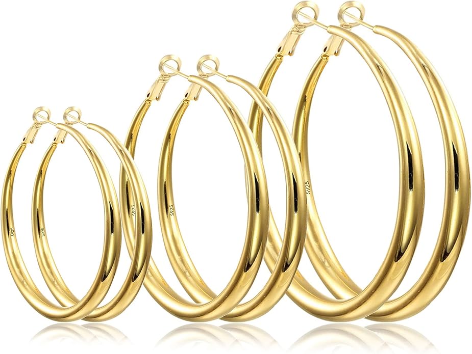 EXGOX Sterling Silver Hoop Earrings - Hypoallergenic, Lightweight, Chunky, 14K Real Gold Plated, Big Large Hoops for Women
