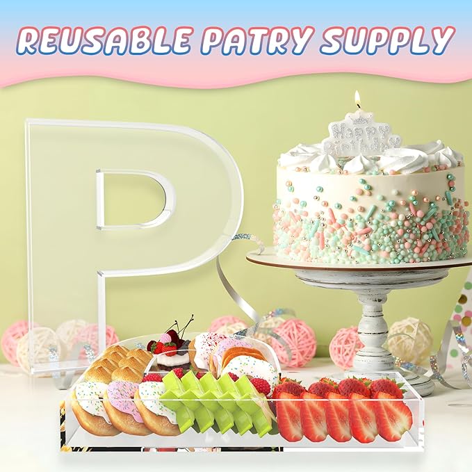 11" Acrylic Letter Charcuterie Box, Reusable Fillable Alphabet Number Shaped Form Tray for Birthday Anniversaries, Party Decorative Serving Plates Display Candy Cake (P)