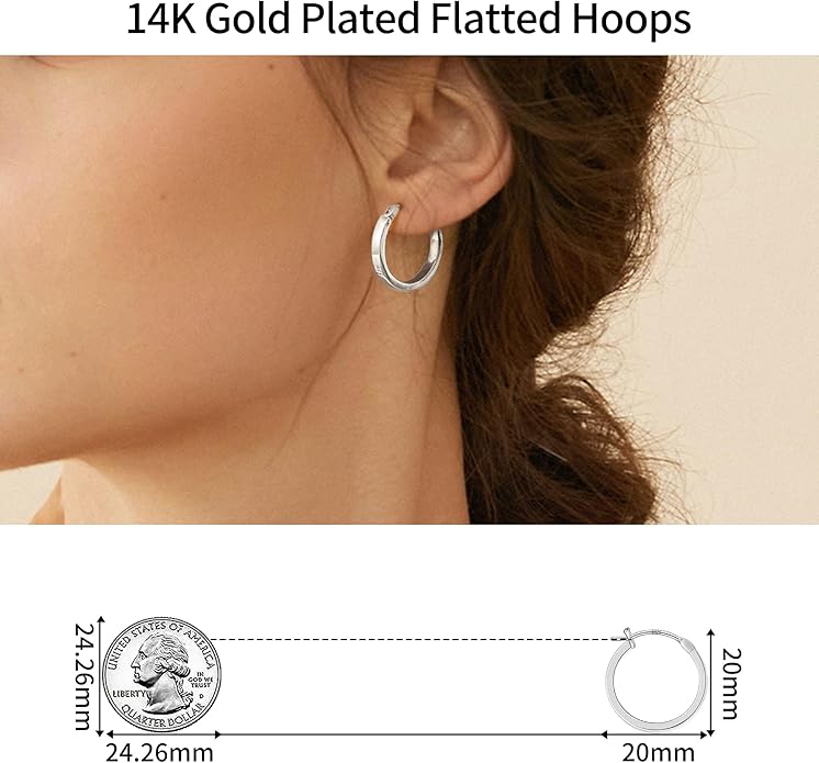 Gacimy Flatted Hoop Earrings for Women 14K Gold Plated with 925 Sterling Silver Post