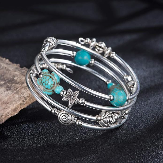 BULINLIN Layered Wrap Bangle Turquoise Bracelet - Bead Bracelet with Natural Agate Stone, Gifts For Women
