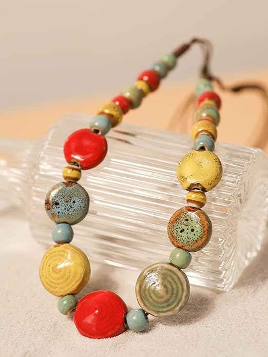 MINACHI Boho Hippie Round Ceramic Beads Strand Necklace, Vintage Bohemian Summer Beach Jewelry Gift for Women