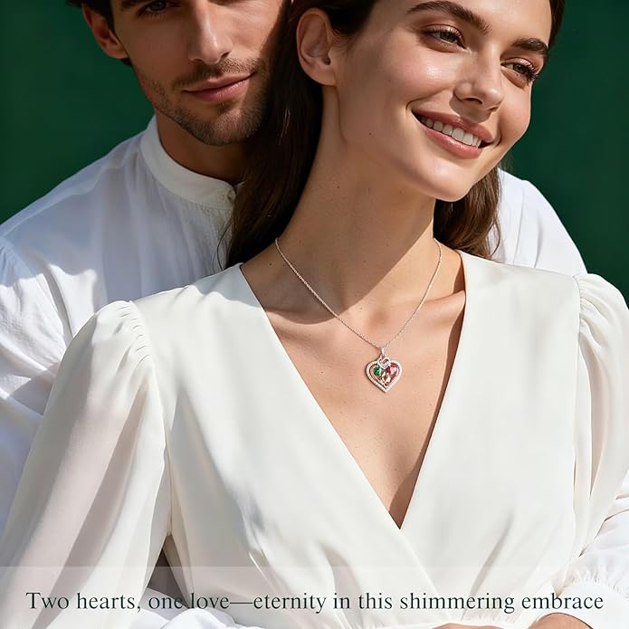 Iefil Valentines Day Gifts for Her - 925 Sterling Silver Double Heart Birthstone Necklace for Women, Anniversary Birthday Gifts for Wife I Love You Gift Couple Sitting Hugging Each Other Jewelry Gift