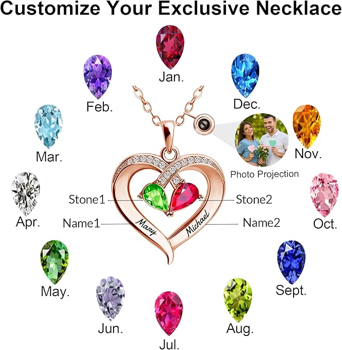 Jewelry To My Wife Necklace, Personalized Necklace Engraved Name jewelry, Custom Projection Photo Birthstone Heart Necklaces for Women, for Valentine's Day Anniversary