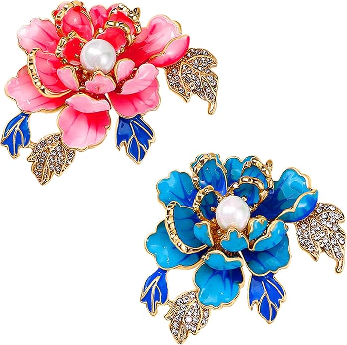 3Pcs Peony Flower Brooch Pin for Women Elegant Enamel Floral Brooch Set Dainty Cubic Zircon Pearl Lapel Pins Flower Pins for Clothes Hat Dress Accessories Prom Jewelry
