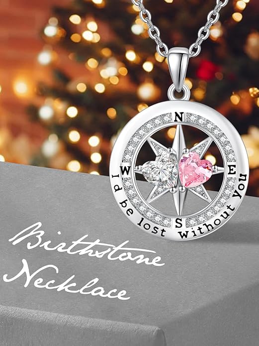 Compass Necklace for Women, Exquisite S925 Valentines Day Anniversary Birthday Gifts for Wife Her Double Birthstone Pendant Jewelry ‘I'd be Lost Without You’