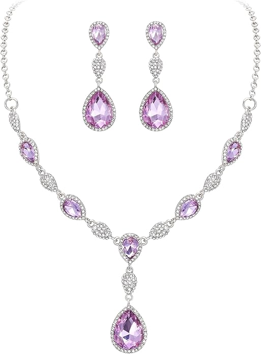 EleQueen Women's Cubic Zirconia Teardrop Y-Necklaces Dangle Earrings Jewelry Sets for Brides Bridesmaids