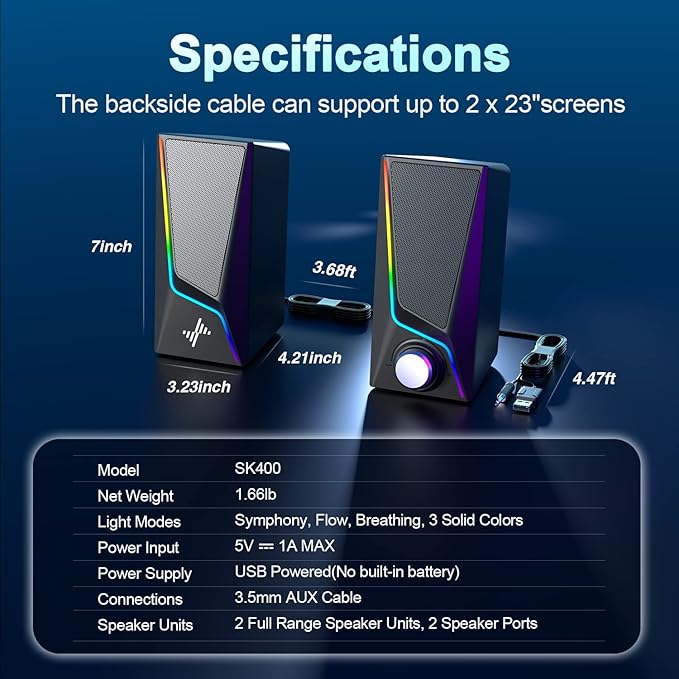 Computer Speakers, PC Speakers with 6 Lighting Modes, USB Powered Computer Speakers for Desktop Monitor with 2 Bass-Boost Ports, 2 Speaker Units, and 3.5mm Aux-in Cable for PC, Laptop, Tablet, Phone
