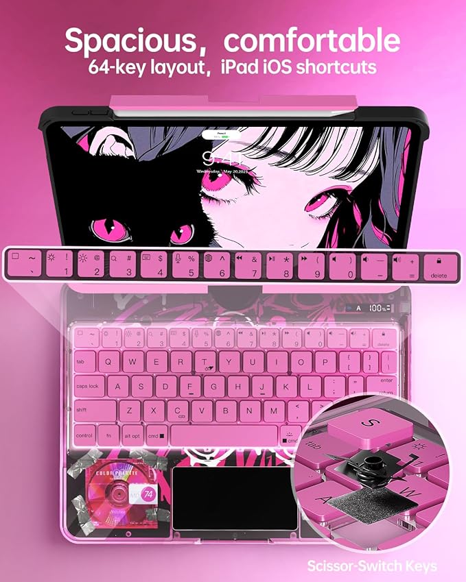 Intermerge Clear Keyboard Case for iPad Pro 13" (M4) 2024 Only, 360° Swivel Multi-Touch Trackpad, 7-Color RGB Backlit, Pencil Holder, Type-C, Power Indicator, Blush Pulse