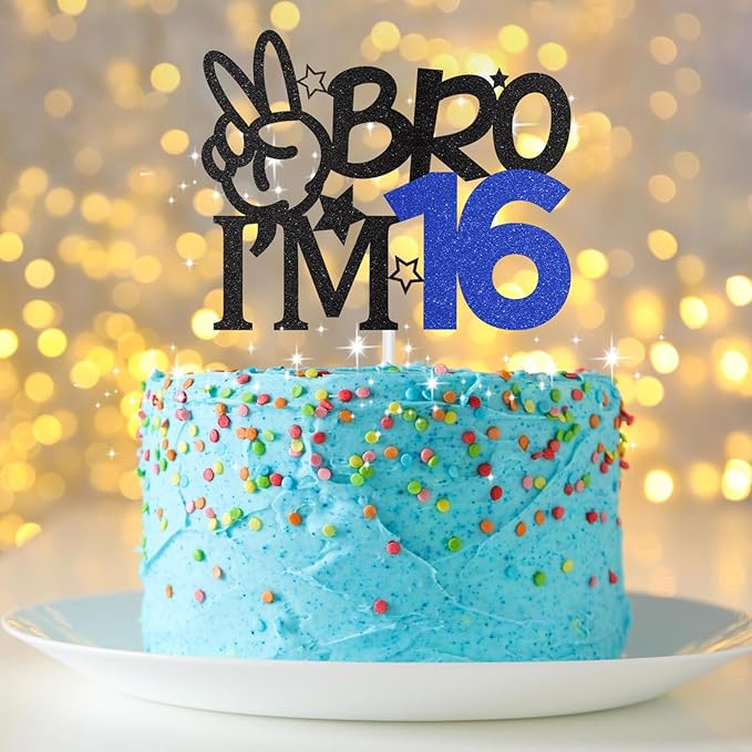 Bro I'm 16 Cake Topper, 16th Birthday Decorations for Boy, Glitter Funny 16th Birthday Cake Topper, Big Brother 16 Year Old Birthday Party Decoration Supplies
