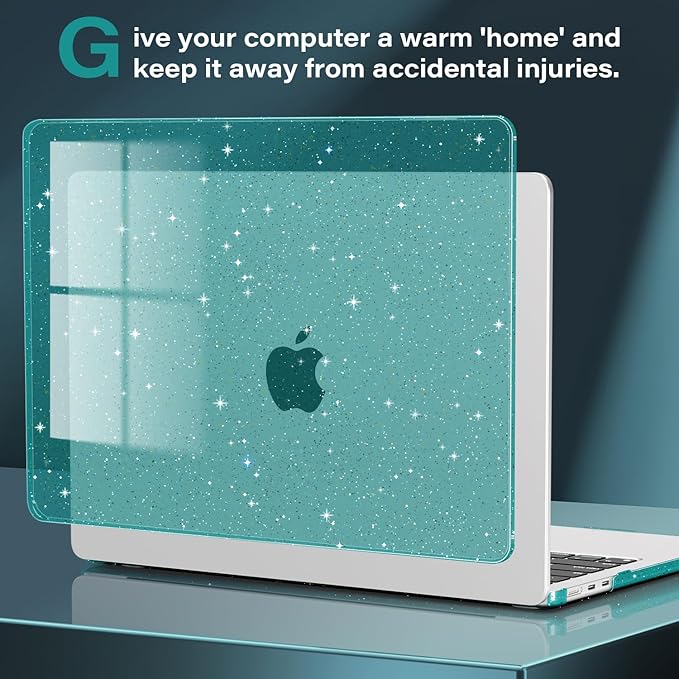 CISSOOK for MacBook Air 13 inch Case M4 M3 M2 2025 2024 2022, Plastic Hard Shell Case Glitter Bling Cover with Keyboard Cover for MacBook Air 13.6 A3240 A3113 A2681, Deep Teal Glitter