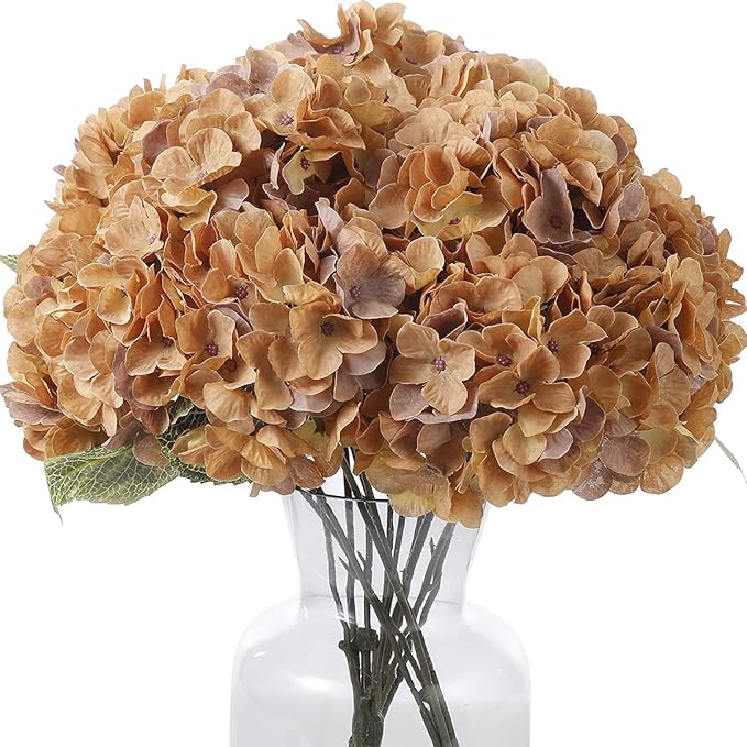 Kimura's Cabin 2Bouquets Faux Hydrangea Flowers Artificial Silk Plastic Floral 10Heads Hydrangea Flower Arrangements Wedding Party Autumn Garden Home Kitchen Table Center Decoration (Coffee)