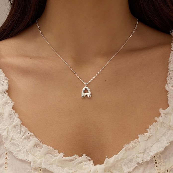 Bubble Gold Silver Letter Necklace Initial Necklaces for Women Trendy 14K Dainty Charm Pendant Name Necklace Personalized Jewelry Gift for Women Teen