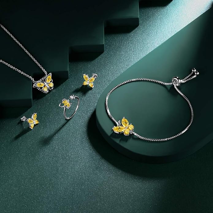 925 Sterling Silver Birthstone Butterfly Jewelry Women Crystal Animal Cute Butterflies Birthday Necklace/Earring/Ring/Bracelet Sets Birth Stone Statement Anniversary Jewellery
