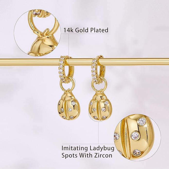 YOIHUR Cute Gold Hoop Earrings for Valentine's Day, 14K Gold Plated Hypoallergenic Jewellery CZ Huggie Drop Earrings, Bear Butterfly Ladybug Joker Heart Pendants Earring Jewelry Gifts for Women