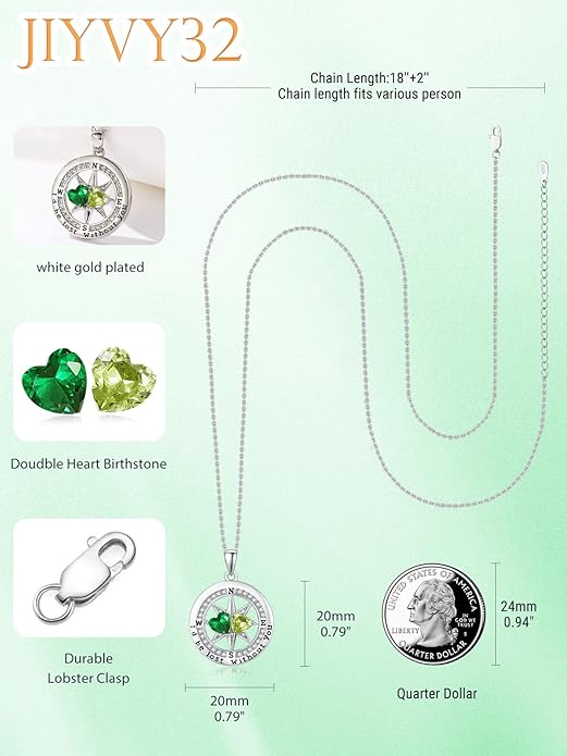 Compass Necklace for Women, Exquisite S925 Valentines Day Anniversary Birthday Gifts for Wife Her Double Birthstone Pendant Jewelry ‘I'd be Lost Without You’