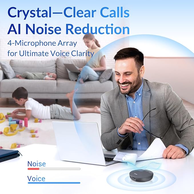 Bluetooth Conference Speakerphone with 4 Mics, AI Noise Reduction, 360° Voice Pickup, 2600mAh Battery, Bluetooth/USB-C/Dongle, Daisy Chain for Large Rooms, Compatible with Zoom/Teams/Skype