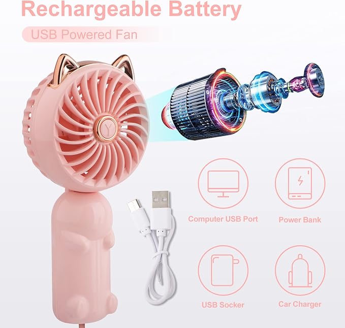 QearFun Handheld Lanyard Fan Portable, Mini USB Rechargeable, 3 Speed Strong Personal, 8-12 Hours Small Makeup for Girls Women Travel Beach (Pink&Green)