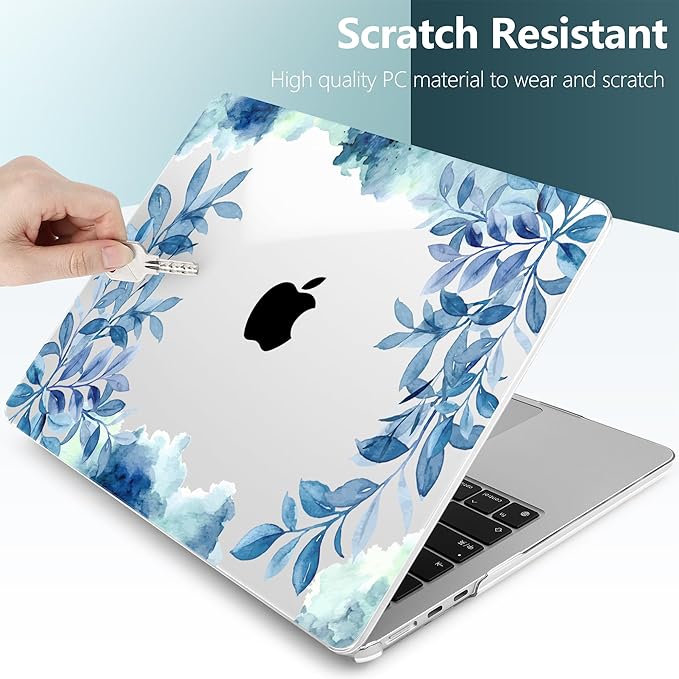 TWOLSKOO Compatible with M4 MacBook Air 15 inch Case 2025-2023 Released Model M4 A3241 M3 A3114 M2 A2941, Plastic Hard Shell & Screen Protector & Keyboard Cover & Trackpad Film, Blue Floral