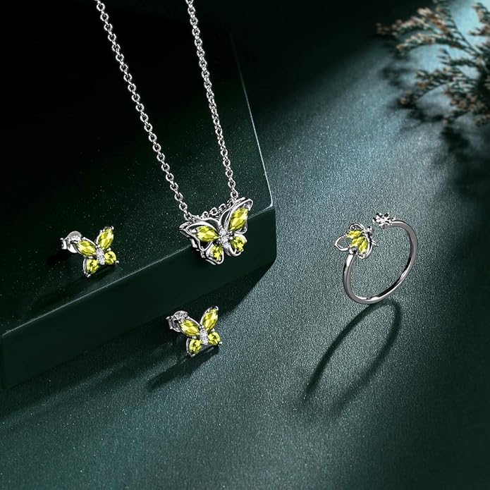 925 Sterling Silver Birthstone Butterfly Jewelry Women Crystal Animal Cute Butterflies Birthday Necklace/Earring/Ring/Bracelet Sets Birth Stone Statement Anniversary Jewellery