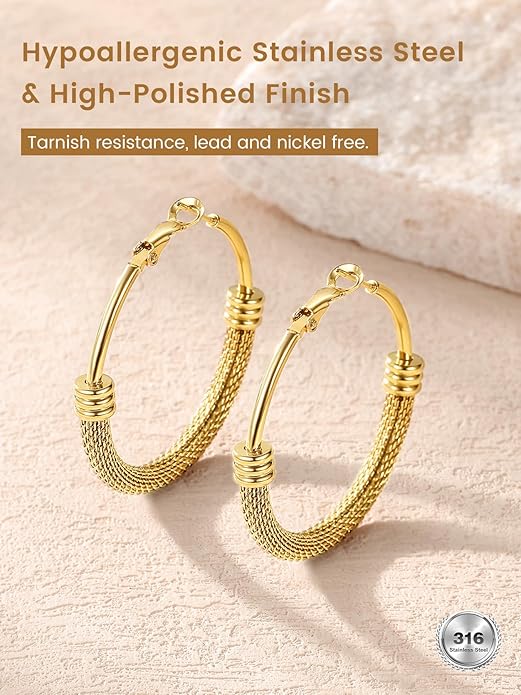 KeyStyle Mesh Hoop Earrings for Women, Stainless Steel Gold Hoops Earring Lightweight Loops, 2MM Thick Hypoallergenic Circle Endless Hollow Hoop 20mm-80mm