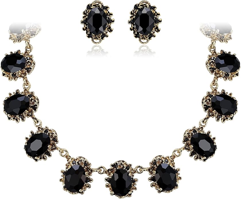BriLove Victorian Style Statement Necklace Pierced Earrings Jewelry Set for Women Crystal Floral Cameo Inspired Oval Jewellery for Party Prom