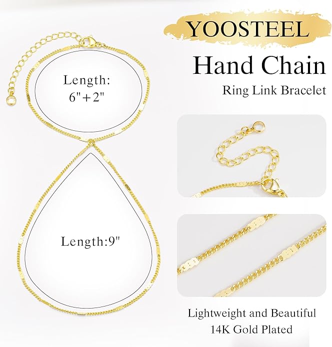 Yoosteel Hand Chain Bracelet for Women - Valentines Gifts Dainty 14K-Gold-Plated Finger Ring Hand Chains Layered Trendy Link Bracelets Jewelry Gift for Women