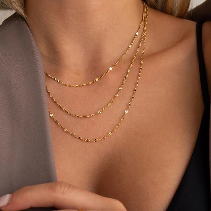 Gold Layered Necklaces for Women, 14K Gold Plated Dainty Gold Chain Choker Necklace Stack, Herringbone Gold Necklaces Set