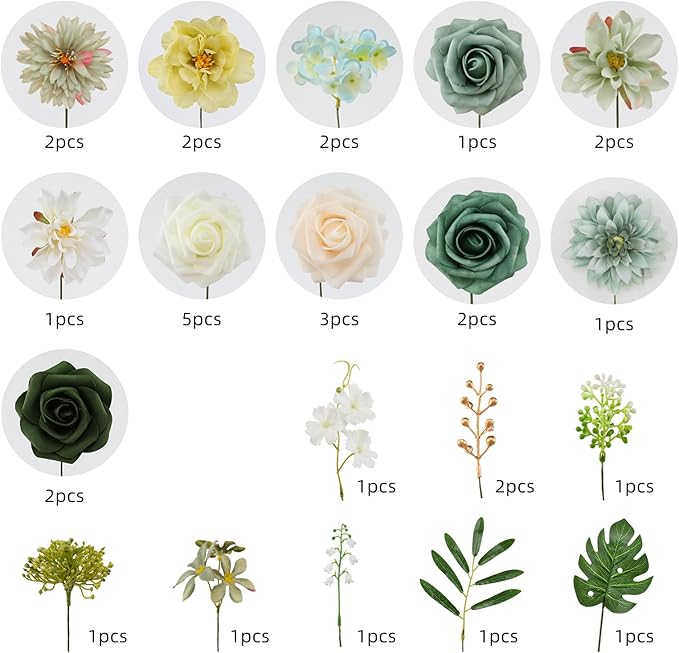 Floweroyal Artificial Flowers Combo Green Flowers Mix Silk Flowers Dahlia Roses with Stems for DIY Wedding Bridal Bouquets, Baby Shower, Floral Arrangement, Table Centerpieces, Home Decorations.