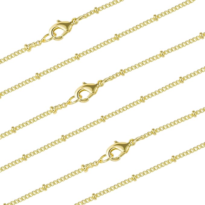 Wholesale 12PCS Gold Plated Solid Brass Satellite Beaded Curb Thin Chain Necklace Bulk for Jewelry Making (26 Inch(1.5mm))
