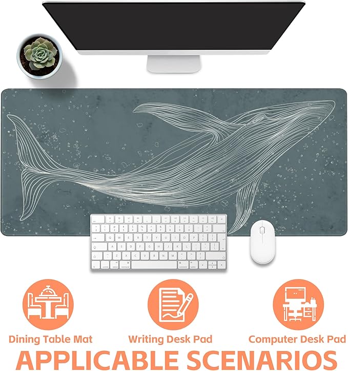 Mouse Pad Large Hand Drawn Whale Non-Slip Gaming Desk Mat with Stitched Edge Laptop Keyboard Desk Pad for Work Home Gaming (35.4 x 15.7 Inches)