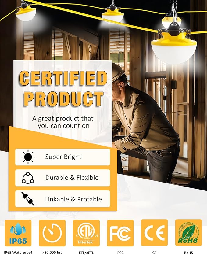 50FT Construction String Light 65W 8000Lm, 5000K Industrial Grade LED String Work Lights, IP65 Waterproof Temporary Lighting for Construction Sites, Renovation, Mine Cave, Job Site, Walkways