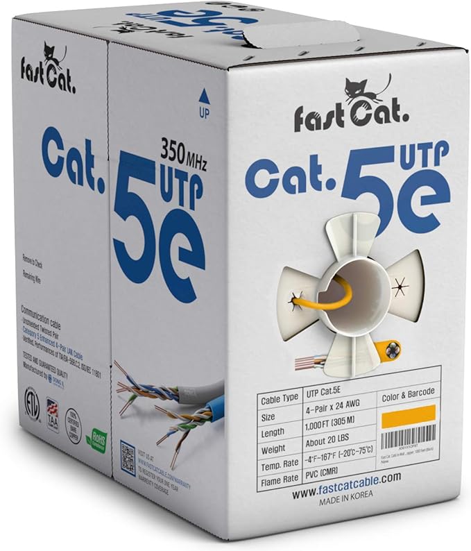 fast Cat. Cat5e Ethernet Cable 1000ft - 24 AWG, CMR, Insulated Bare Copper Wire Cat 5 ethernet Cable with FastReel - 350MHZ / Gigabit Speed UTP Cable Cat5e - CMR (Yellow)