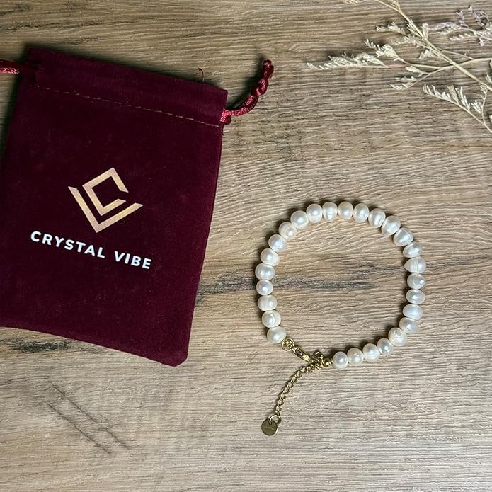 Crystal Vibe White Freshwater Pearl Bracelets for Women - Pearl Bracelet with Adjustable Golden Clasp - Gifts for Women - Gifts for Birthdays Anniversary Freindship